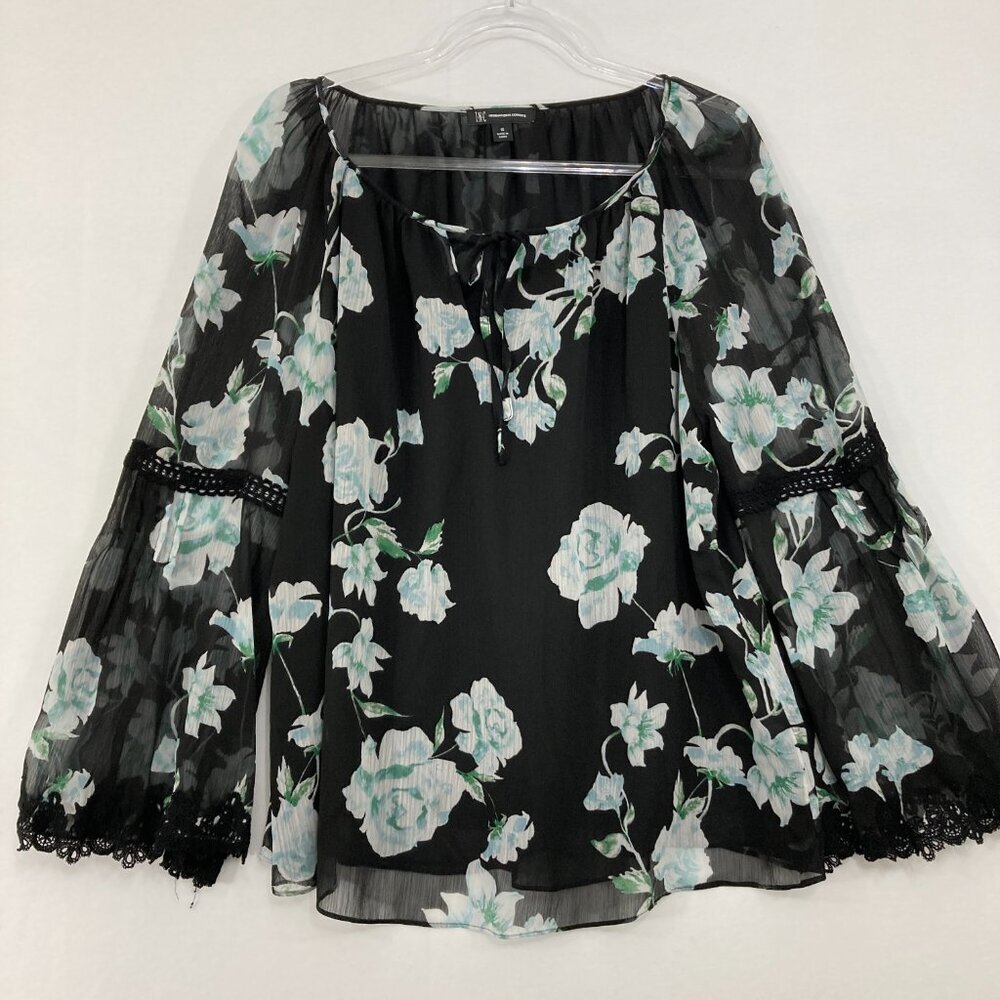 INC International Concepts 1X Black Blue‎ Floral Lace Flare Sleeve Top Romantic